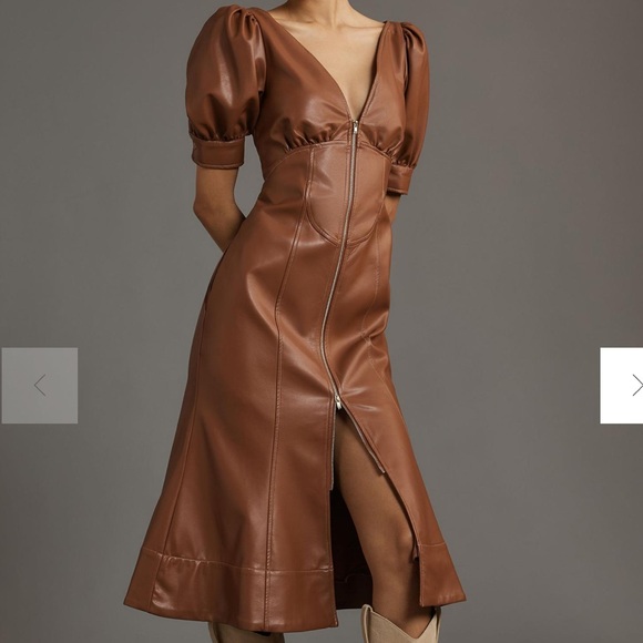 Anthropologie Dresses & Skirts - Anthropologie Faux Leather Puff-Sleeve Zip-Front Midi Dress